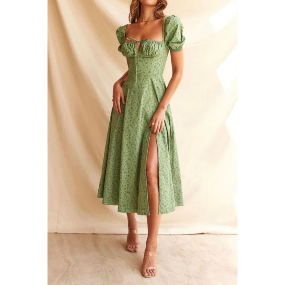 House of CB Tallulah Green Tonal Floral Puff Sleeve Midi Dress M - Picture 4 of 7